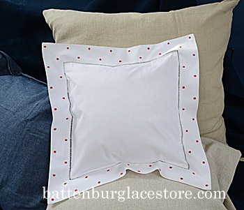 Hemstitch Baby Pillow, Red color polka dots, 12x12". - Click Image to Close